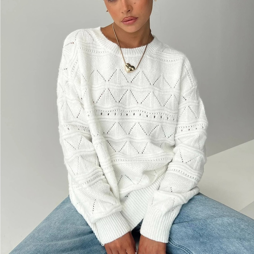Princess Polly White Crew Neck Cable Knit Sweater